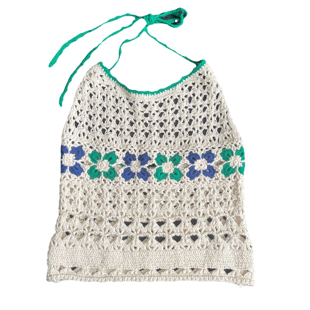 Free People Crochet Halter Top Womens XS Cream Floral Boho Festival Summer Knit
